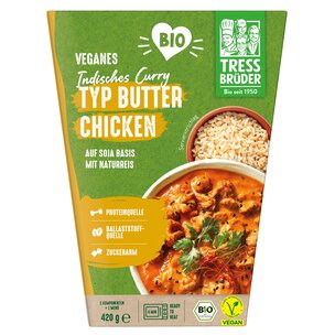 veganes Bio Curry Typ Butter Chicken auf Basis von Soja mit Naturreis