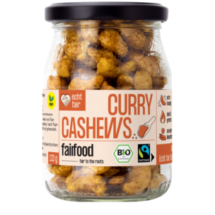 Faire Cashews mit Curry geröstet (133g, Bio, Fairtrade, Pfandglas klein)